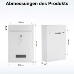 Wiltec Briefkasten weiß V11 Postkasten mit Namensschild, großem Briefschlitz und 2 Schlüsseln Wandbriefkasten aus pulverbeschichtetem Stahl