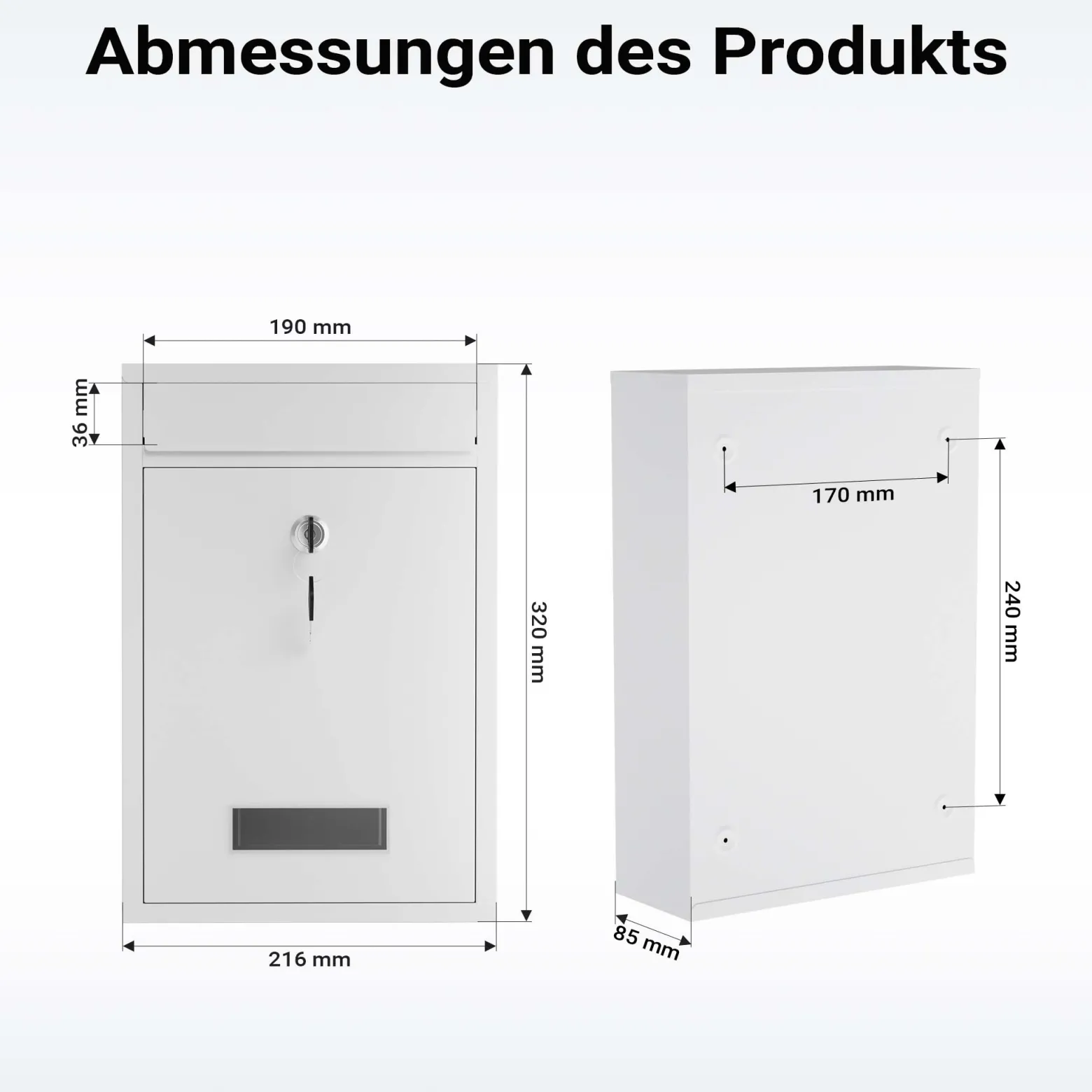 Wiltec Briefkasten weiß V11 Postkasten mit Namensschild, großem Briefschlitz und 2 Schlüsseln Wandbriefkasten aus pulverbeschichtetem Stahl