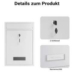 Wiltec Briefkasten weiß V11 Postkasten mit Namensschild, großem Briefschlitz und 2 Schlüsseln Wandbriefkasten aus pulverbeschichtetem Stahl