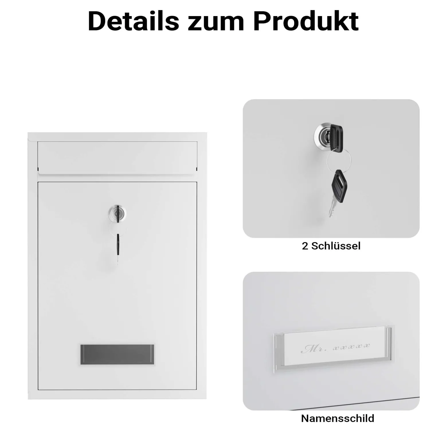 Wiltec Briefkasten weiß V11 Postkasten mit Namensschild, großem Briefschlitz und 2 Schlüsseln Wandbriefkasten aus pulverbeschichtetem Stahl