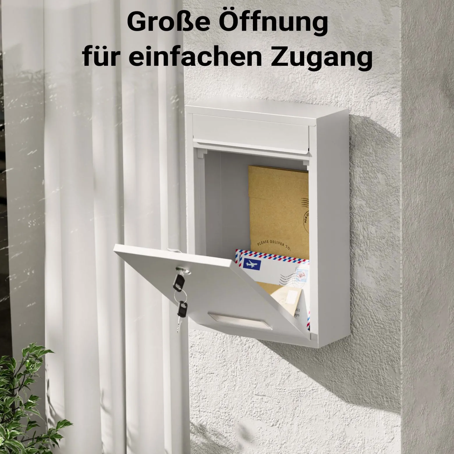 Wiltec Briefkasten weiß V11 Postkasten mit Namensschild, großem Briefschlitz und 2 Schlüsseln Wandbriefkasten aus pulverbeschichtetem Stahl