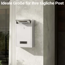 Wiltec Briefkasten weiß V11 Postkasten mit Namensschild, großem Briefschlitz und 2 Schlüsseln Wandbriefkasten aus pulverbeschichtetem Stahl