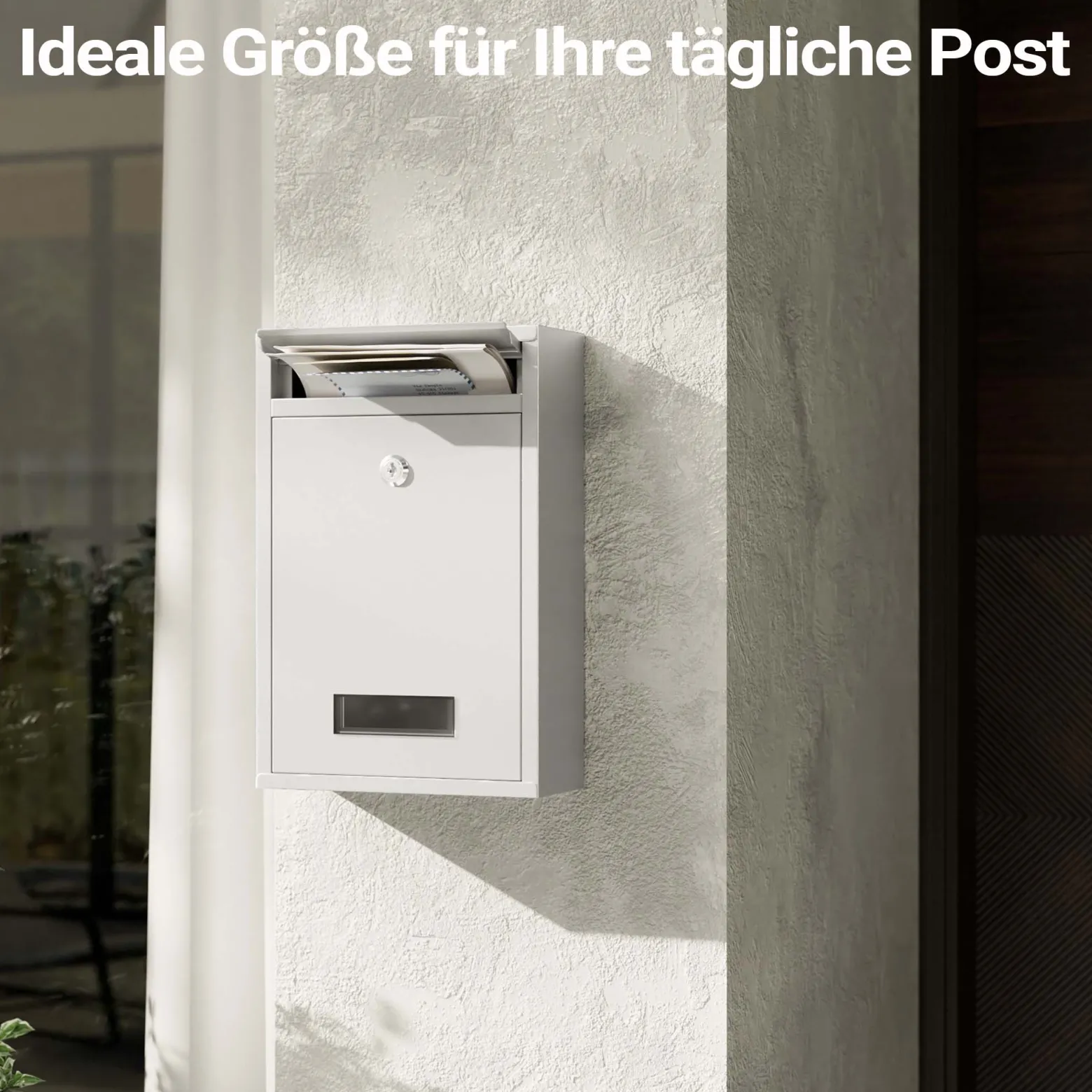 Wiltec Briefkasten weiß V11 Postkasten mit Namensschild, großem Briefschlitz und 2 Schlüsseln Wandbriefkasten aus pulverbeschichtetem Stahl