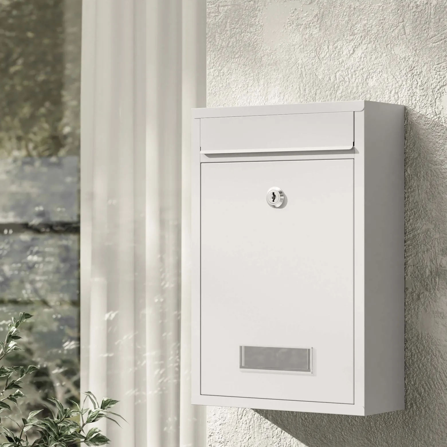 Wiltec Briefkasten weiß V11 Postkasten mit Namensschild, großem Briefschlitz und 2 Schlüsseln Wandbriefkasten aus pulverbeschichtetem Stahl