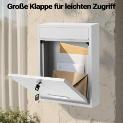 Wiltec Briefkasten weiß V10 Postkasten mit Namensschild, großem Briefschlitz und 2 Schlüsseln Wandbriefkasten aus pulverbeschichtetem Stahl