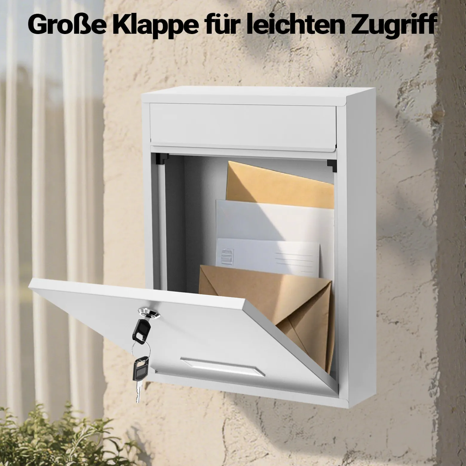 Wiltec Briefkasten weiß V10 Postkasten mit Namensschild, großem Briefschlitz und 2 Schlüsseln Wandbriefkasten aus pulverbeschichtetem Stahl