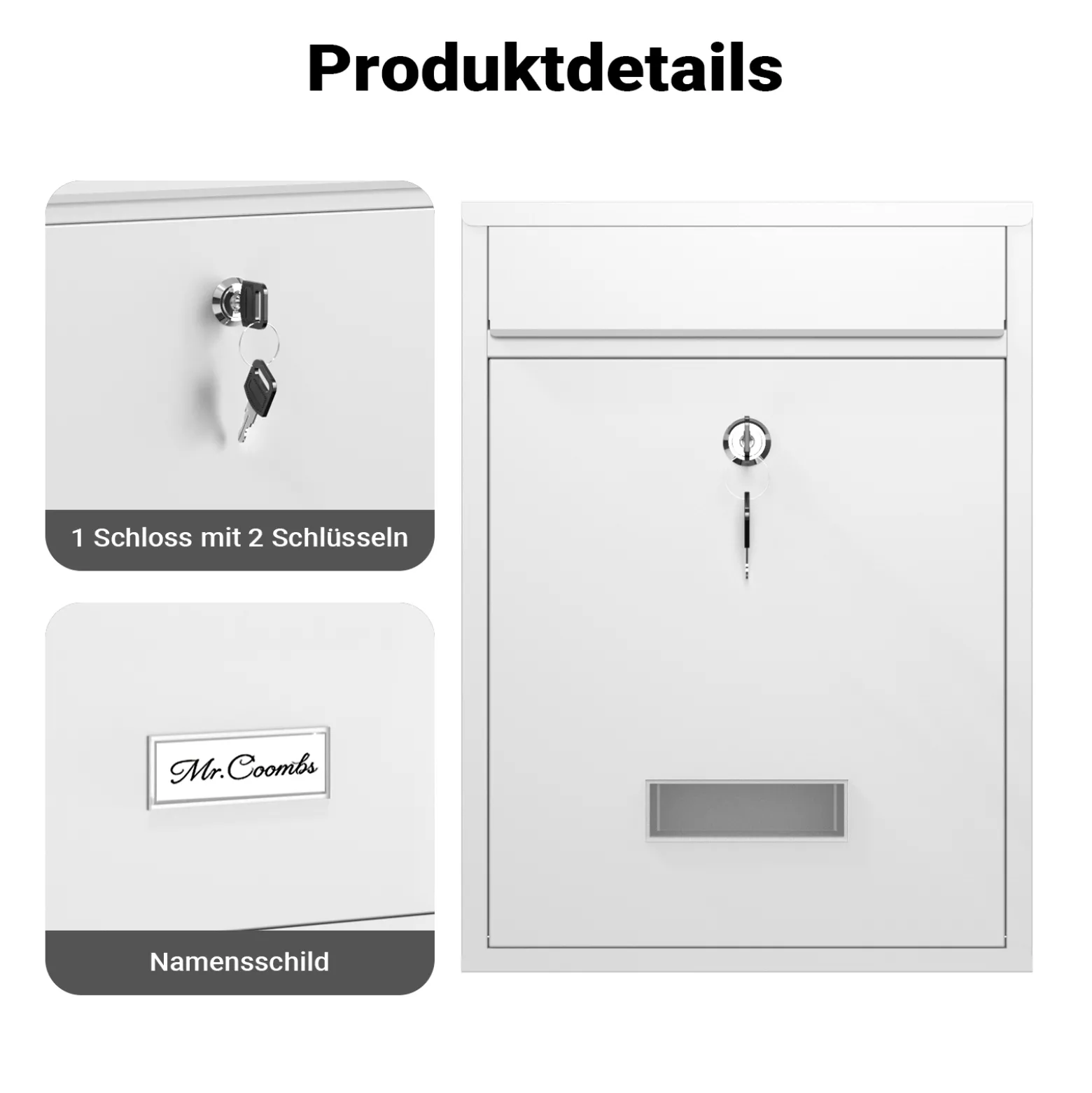 Wiltec Briefkasten weiß V10 Postkasten mit Namensschild, großem Briefschlitz und 2 Schlüsseln Wandbriefkasten aus pulverbeschichtetem Stahl