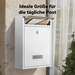 Wiltec Briefkasten weiß V10 Postkasten mit Namensschild, großem Briefschlitz und 2 Schlüsseln Wandbriefkasten aus pulverbeschichtetem Stahl