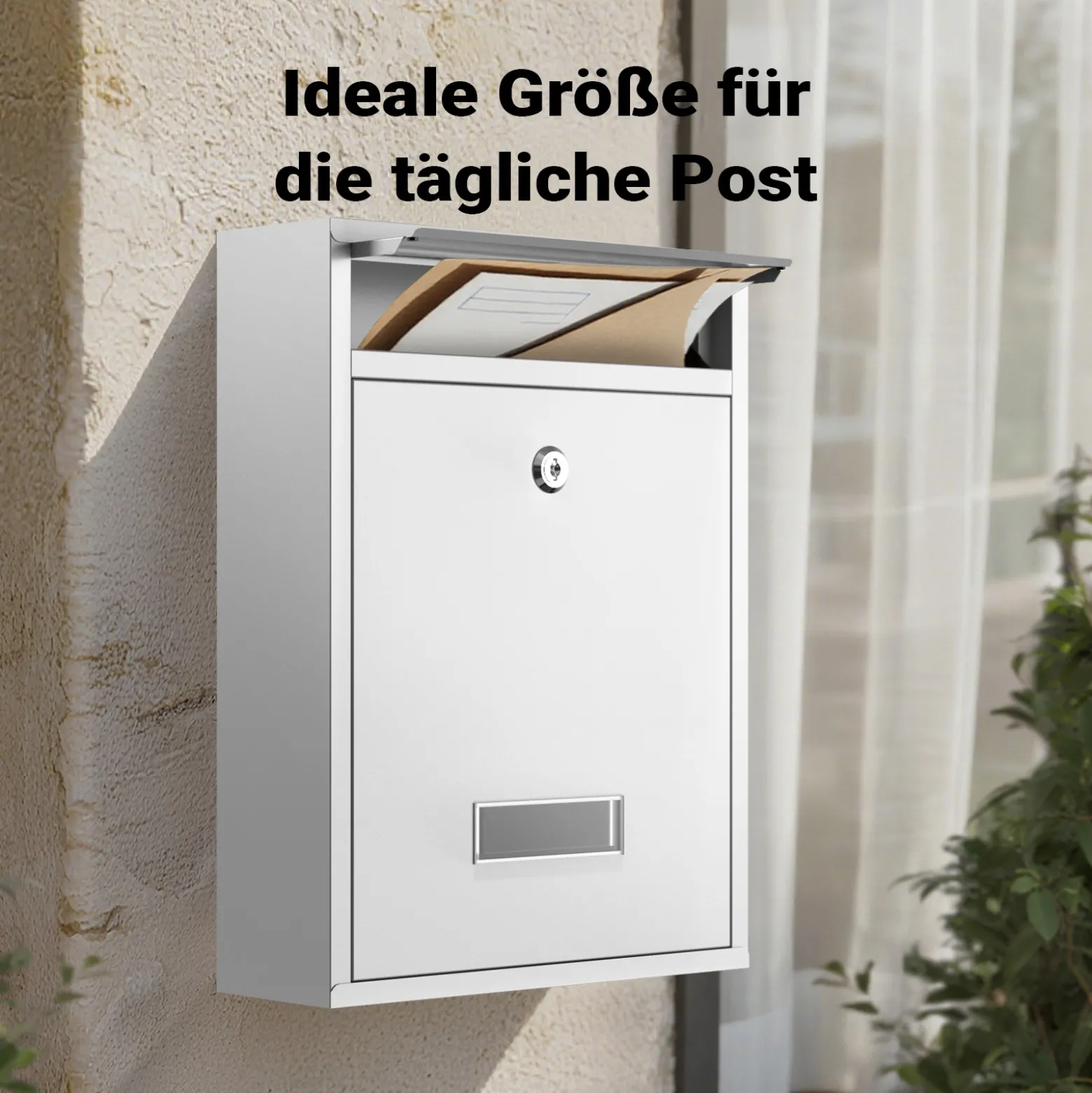 Wiltec Briefkasten weiß V10 Postkasten mit Namensschild, großem Briefschlitz und 2 Schlüsseln Wandbriefkasten aus pulverbeschichtetem Stahl