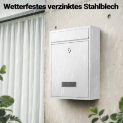 Wiltec Briefkasten weiß V10 Postkasten mit Namensschild, großem Briefschlitz und 2 Schlüsseln Wandbriefkasten aus pulverbeschichtetem Stahl