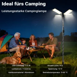 Wiltec Campinglampe V2 LED Strahler 115W 11224 Lumen mit Teleskopstange und Halterung höhenverstellbar Anschluss an 12V-Stromquelle für Camping, Outdoor-Aktivitäten, Baustellen und Notfallsituationen