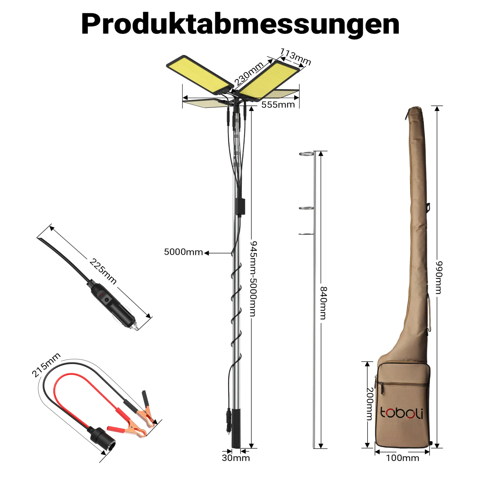 Wiltec Campinglampe V2 LED Strahler 115W 11224 Lumen mit Teleskopstange und Halterung höhenverstellbar Anschluss an 12V-Stromquelle für Camping, Outdoor-Aktivitäten, Baustellen und Notfallsituationen