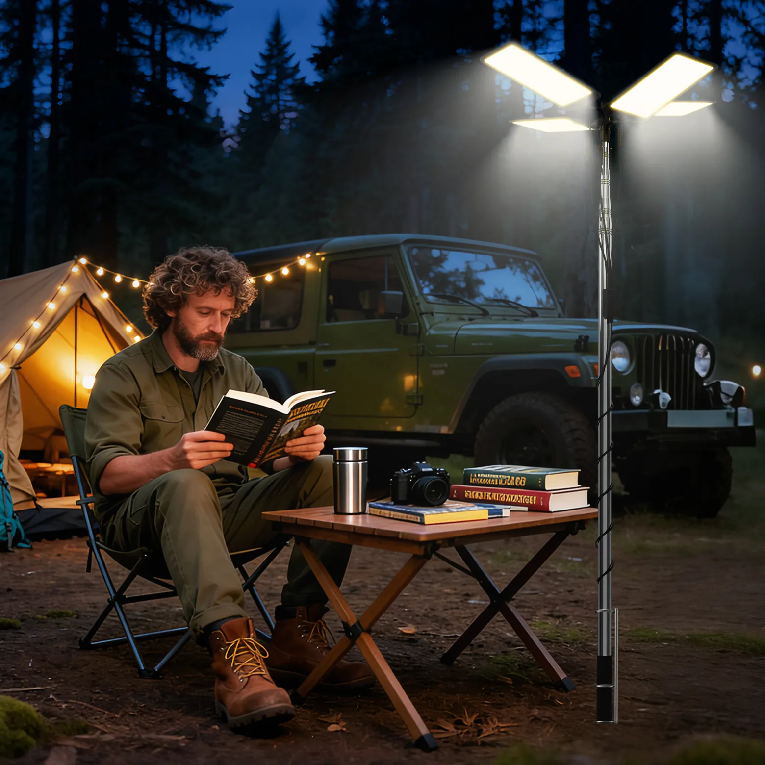 Wiltec Campinglampe V2 LED Strahler 115W 11224 Lumen mit Teleskopstange und Halterung höhenverstellbar Anschluss an 12V-Stromquelle für Camping, Outdoor-Aktivitäten, Baustellen und Notfallsituationen