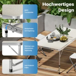 Wiltec Campingmöbel Set 5tlg. Campingtisch mit Stühlen höhenverstellbarer Tisch plus 4 Campingstühle Aluminium Sitzgarnitur Campingtisch klappbar Klapptisch Camping Garnitur faltbar