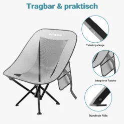Wiltec Campingstuhl faltbar bis 100 kg grau schwarz Anglerstuhl leicht Klappstuhl Faltstuhl Camping Stuhl klappbar kleines Packmaß
