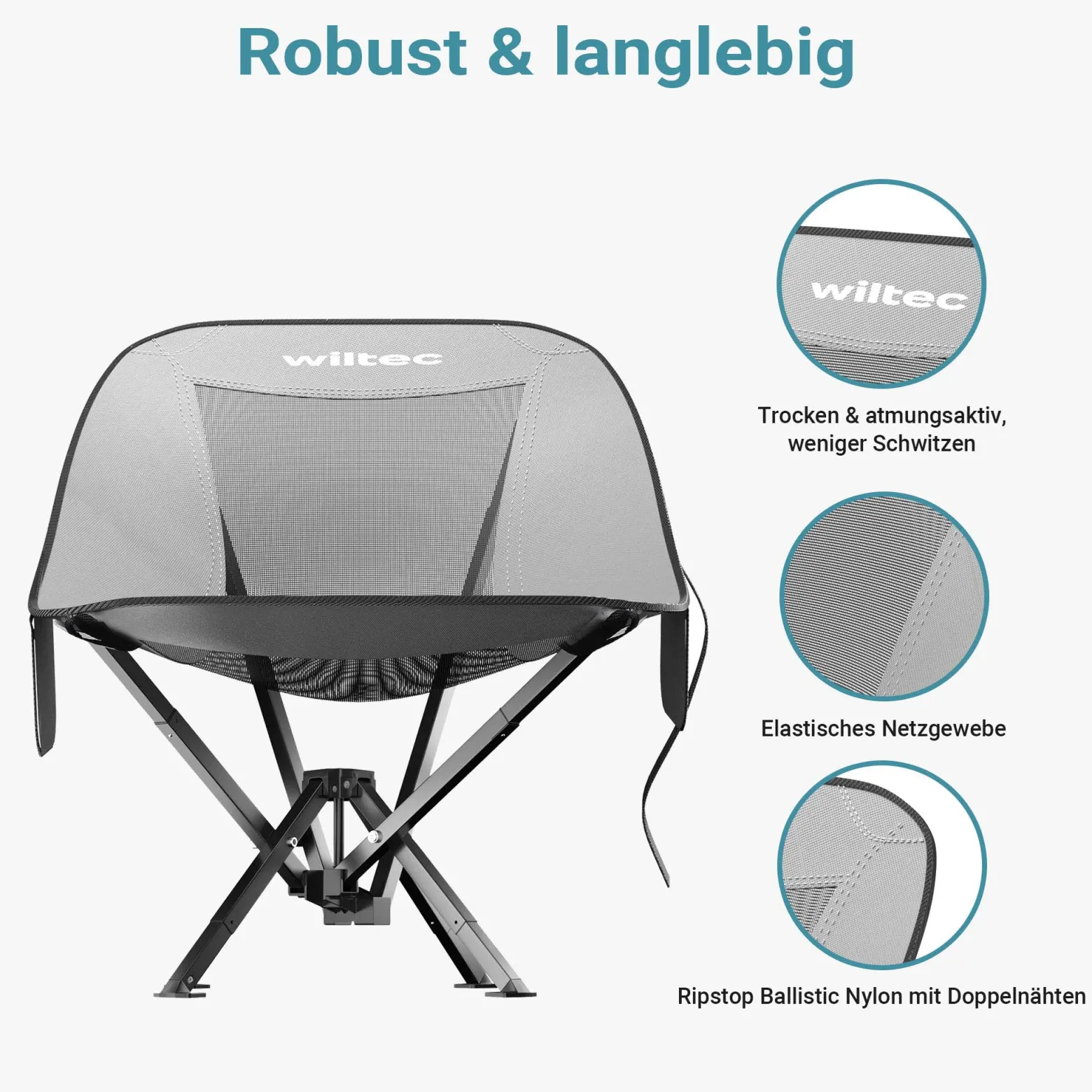 Wiltec Campingstuhl faltbar bis 100 kg grau schwarz Anglerstuhl leicht Klappstuhl Faltstuhl Camping Stuhl klappbar kleines Packmaß