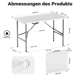 Wiltec Campingtisch klappbar 122x60x75 cm Klapptisch mit Tragegriff Partytisch Biertisch Gartentisch Buffettisch Bierzeltgarnitur Camping Tisch faltbar