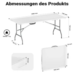 Wiltec Campingtisch klappbar 180x75x74 cm Klapptisch mit Tragegriff Partytisch Biertisch Gartentisch Buffettisch Bierzeltgarnitur Camping Tisch faltbar