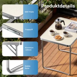Wiltec Campingtisch klappbar 80x60cm mit weißer Tischplatte aus MDF und Aluminium Rahmen Klapptisch Alu Falttisch Camping Garten Balkon Outdoor Camping Tisch faltbar