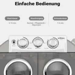 Wiltec Camping Waschmaschine 230 W 60 x 36 x 60 cm, Mini Waschmaschine für bis zu 3,0 kg Wäsche, Reisewaschmaschine mit 2,0 kg Schleuderkapazität