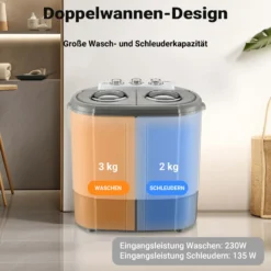 Wiltec Camping Waschmaschine 230 W 60 x 36 x 60 cm, Mini Waschmaschine für bis zu 3,0 kg Wäsche, Reisewaschmaschine mit 2,0 kg Schleuderkapazität