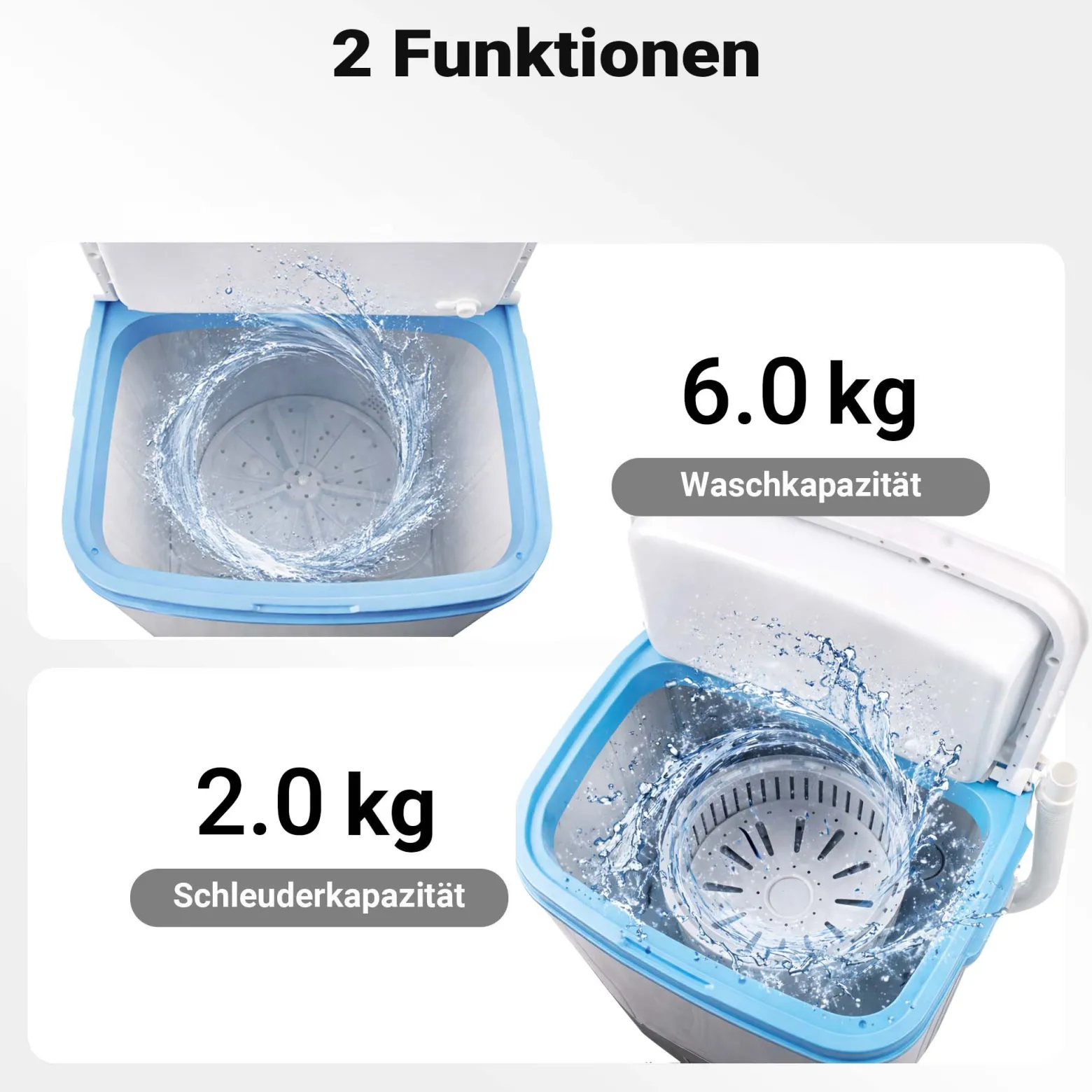 Wiltec Camping Waschmaschine bis 6,0 kg 280 W, Mini Waschmaschine 37 x 38 x 66 cm für waschen und schleudern, Reisewachmaschine mit Timer
