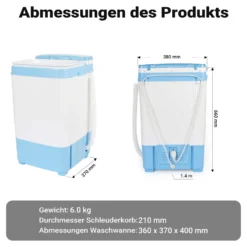 Wiltec Camping Waschmaschine bis 6,0 kg 280 W, Mini Waschmaschine 37 x 38 x 66 cm für waschen und schleudern, Reisewachmaschine mit Timer