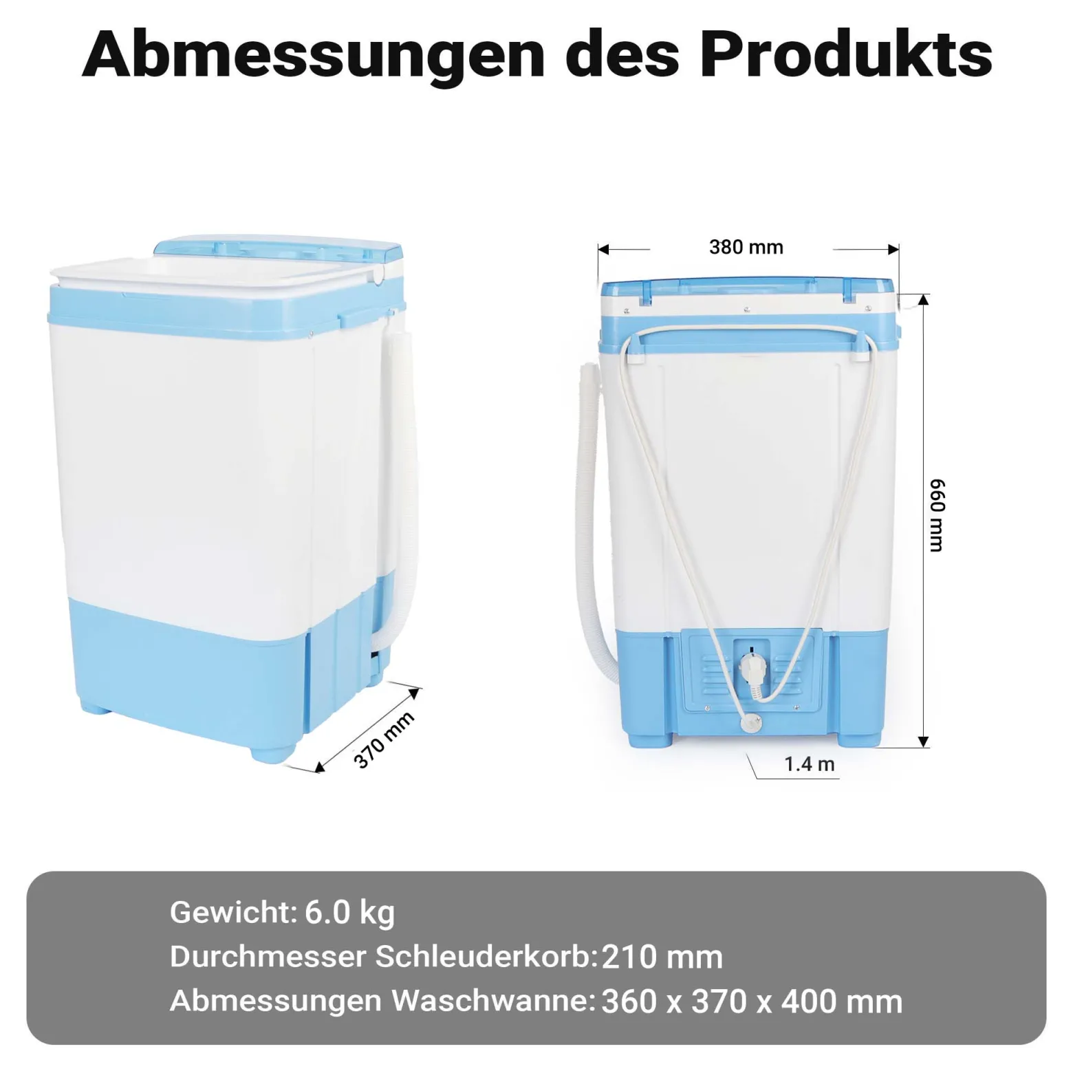 Wiltec Camping Waschmaschine bis 6,0 kg 280 W, Mini Waschmaschine 37 x 38 x 66 cm für waschen und schleudern, Reisewachmaschine mit Timer