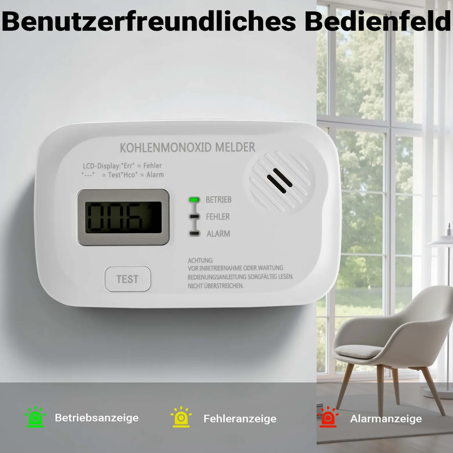 Wiltec CO Melder mit Display 120 x 74 x 31 mm, Kohlenmonoxid-Melder inkl. austauschbarer Batterien