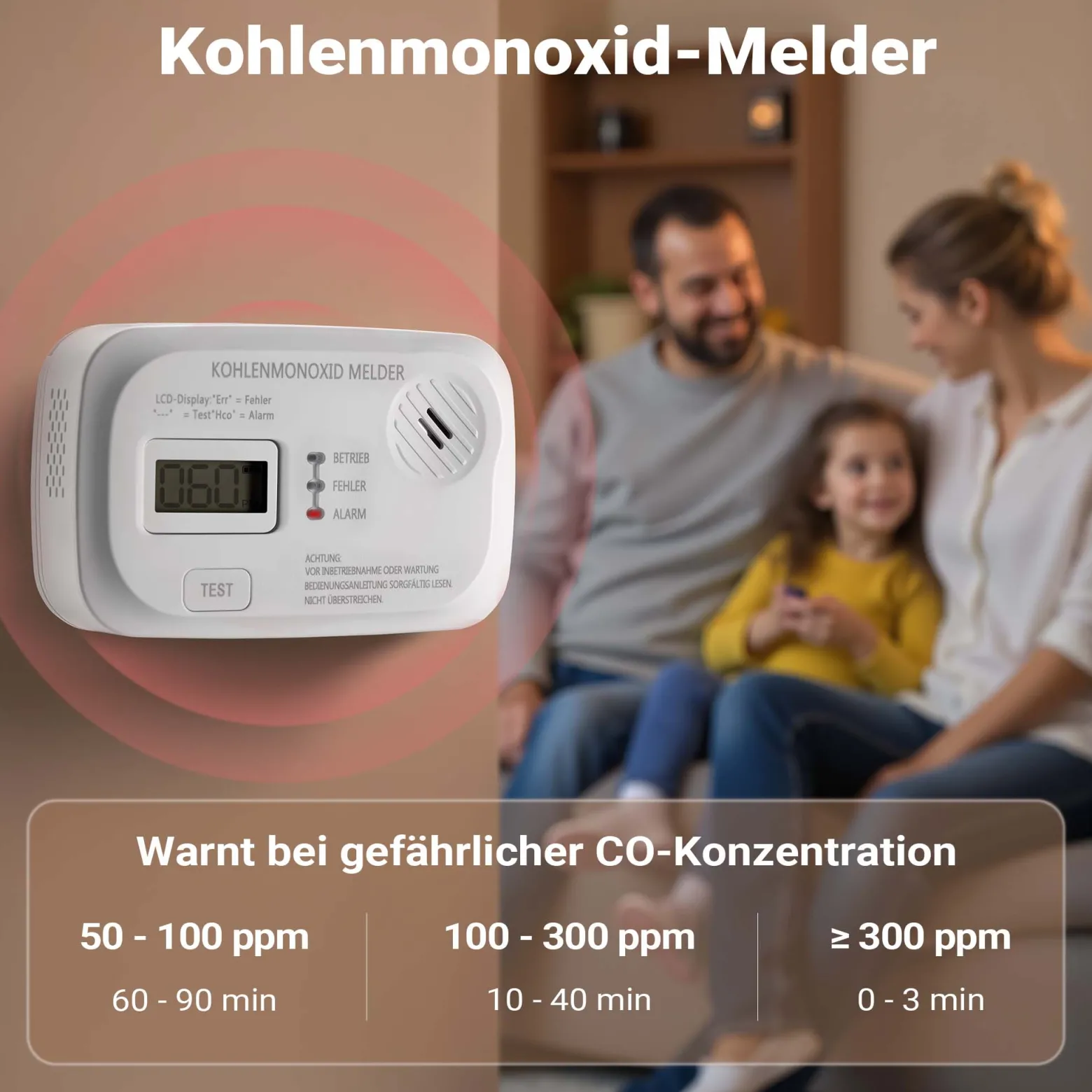 Wiltec CO Melder mit Display 120 x 74 x 31 mm, Kohlenmonoxid-Melder inkl. austauschbarer Batterien