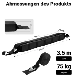 Wiltec Dachgepäckträger weich 113 x 10 x 8 cm mit 2 x Gurtband, Auto Dachträger bis 75 kg für Kanu, Kajak, Surfbrett, SUP, Snowboard, Skier und Leiter