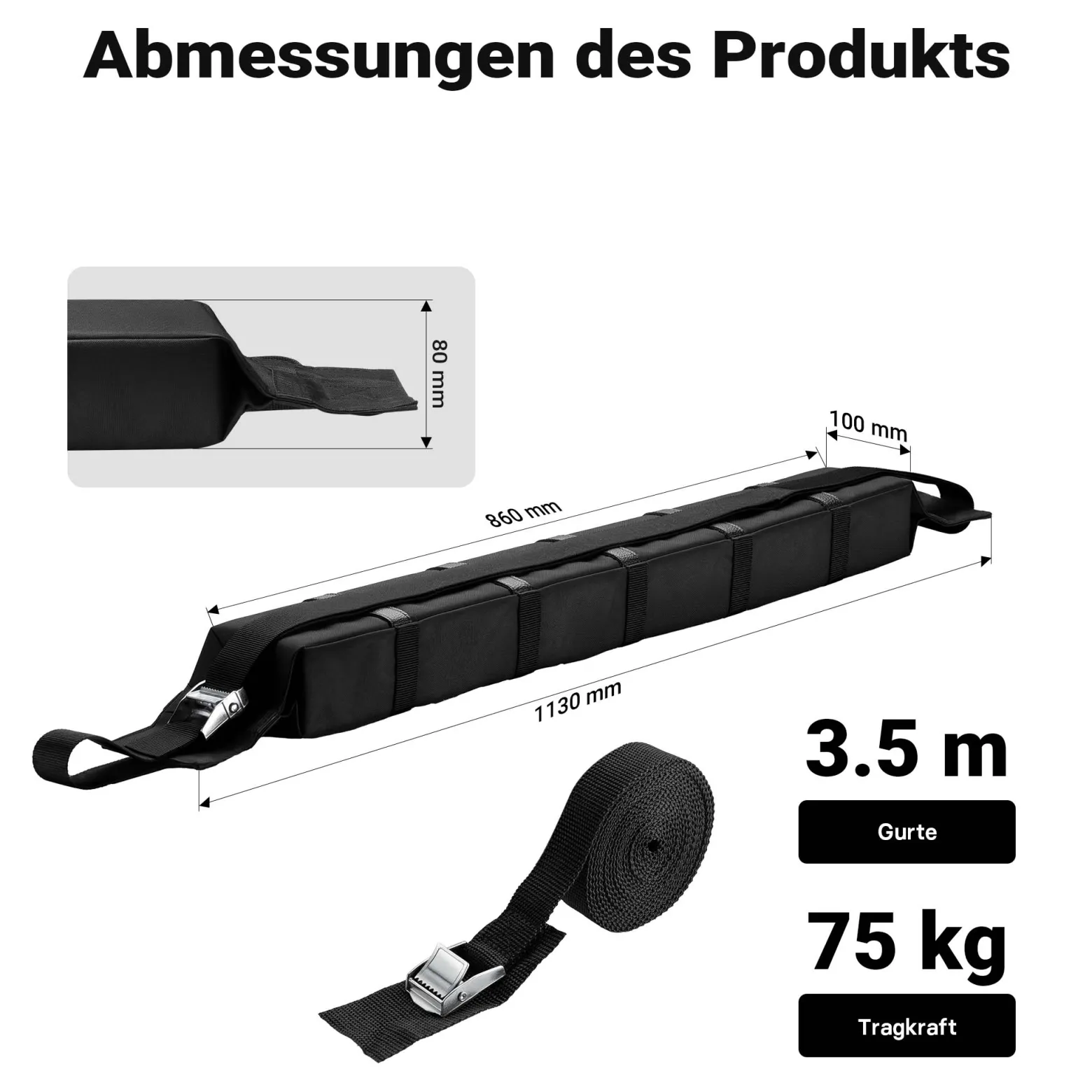 Wiltec Dachgepäckträger weich 113 x 10 x 8 cm mit 2 x Gurtband, Auto Dachträger bis 75 kg für Kanu, Kajak, Surfbrett, SUP, Snowboard, Skier und Leiter