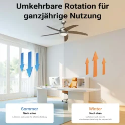 Wiltec Deckenventilator Ø 136 cm mit 5 Flügel, Ventilator mit 3 Geschwindigkeiten und Lampe, Lüfter mit Fernbedienung, Timer, Sommer- u. Wintermodus