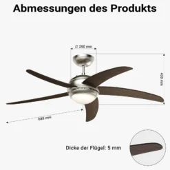 Wiltec Deckenventilator Ø 136 cm mit 5 Flügel, Ventilator mit 3 Geschwindigkeiten und Lampe, Lüfter mit Fernbedienung, Timer, Sommer- u. Wintermodus