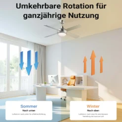 Wiltec Deckenventilator Ø 130 cm mit 4 Flügel, Ventilator mit 3 Geschwindigkeiten und Lampe, Lüfter mit Fernbedienung, Timer, Sommer- u. Wintermodus