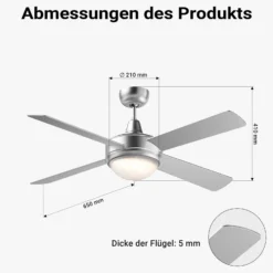 Wiltec Deckenventilator Ø 130 cm mit 4 Flügel, Ventilator mit 3 Geschwindigkeiten und Lampe, Lüfter mit Fernbedienung, Timer, Sommer- u. Wintermodus