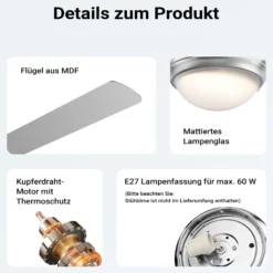 Wiltec Deckenventilator Ø 130 cm mit 4 Flügel, Ventilator mit 3 Geschwindigkeiten und Lampe, Lüfter mit Fernbedienung, Timer, Sommer- u. Wintermodus