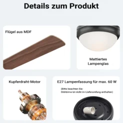 Wiltec Deckenventilator Ø 122 cm mit 4 Flügel, Ventilator mit 3 Geschwindigkeiten und Lampe, Lüfter mit Fernbedienung, Timer, Sommer- u. Wintermodus