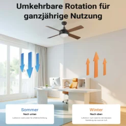 Wiltec Deckenventilator Ø 122 cm mit 4 Flügel, Ventilator mit 3 Geschwindigkeiten und Lampe, Lüfter mit Fernbedienung, Timer, Sommer- u. Wintermodus