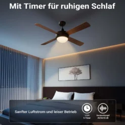 Wiltec Deckenventilator Ø 122 cm mit 4 Flügel, Ventilator mit 3 Geschwindigkeiten und Lampe, Lüfter mit Fernbedienung, Timer, Sommer- u. Wintermodus
