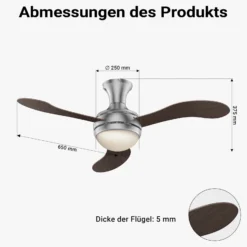 Wiltec Deckenventilator Ø 130 cm mit 3 Flügel, Ventilator mit 3 Geschwindigkeiten und Lampe, Lüfter mit Fernbedienung, Timer, Sommer- u. Wintermodus
