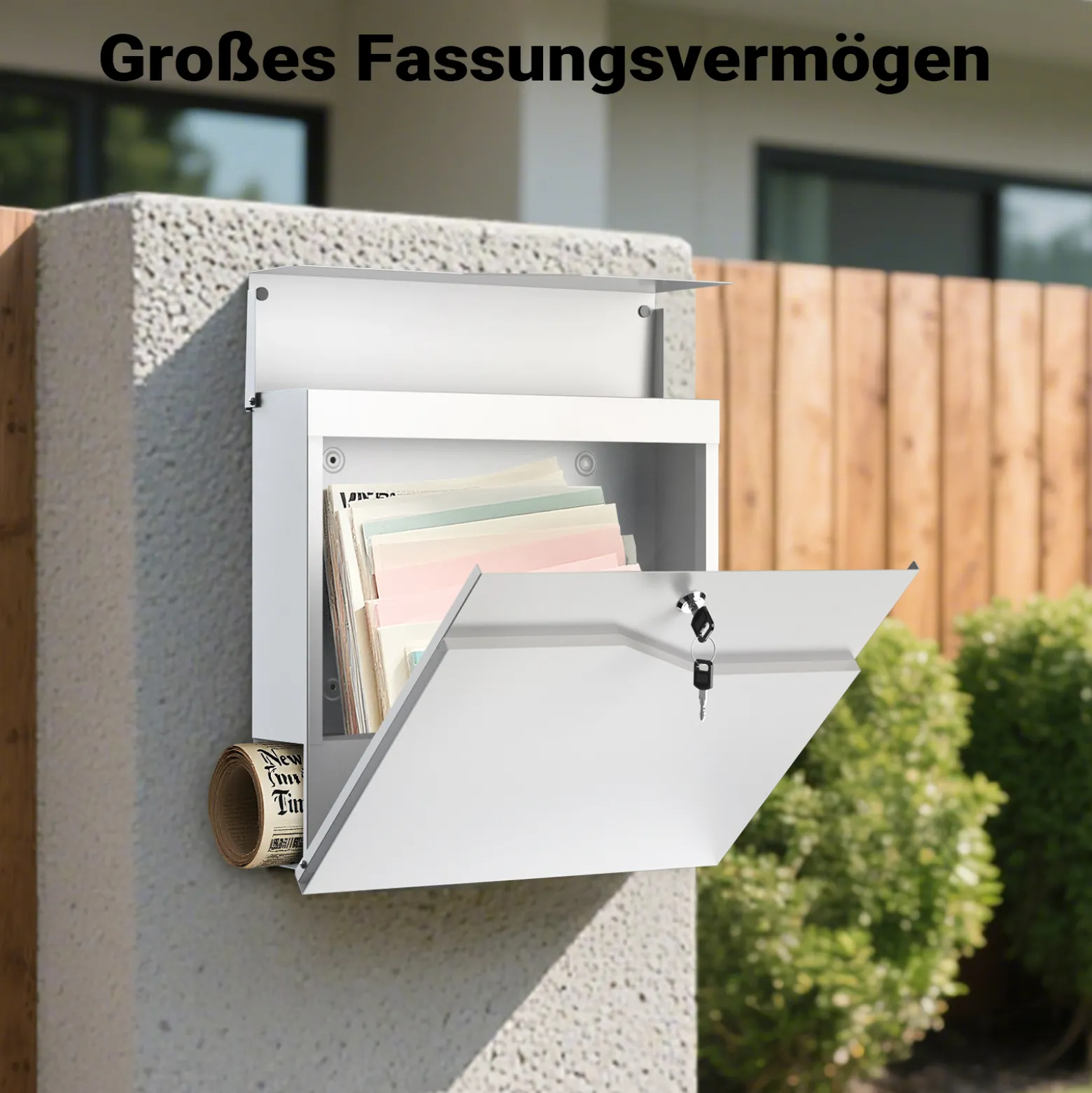 Wiltec Designer Briefkasten V19 weiß 370 x 102 x 370 mm, Wandbriefkasten mit Schloss und Zeitungsrolle, Postkasten aus pulverbeschichtetem Stahl
