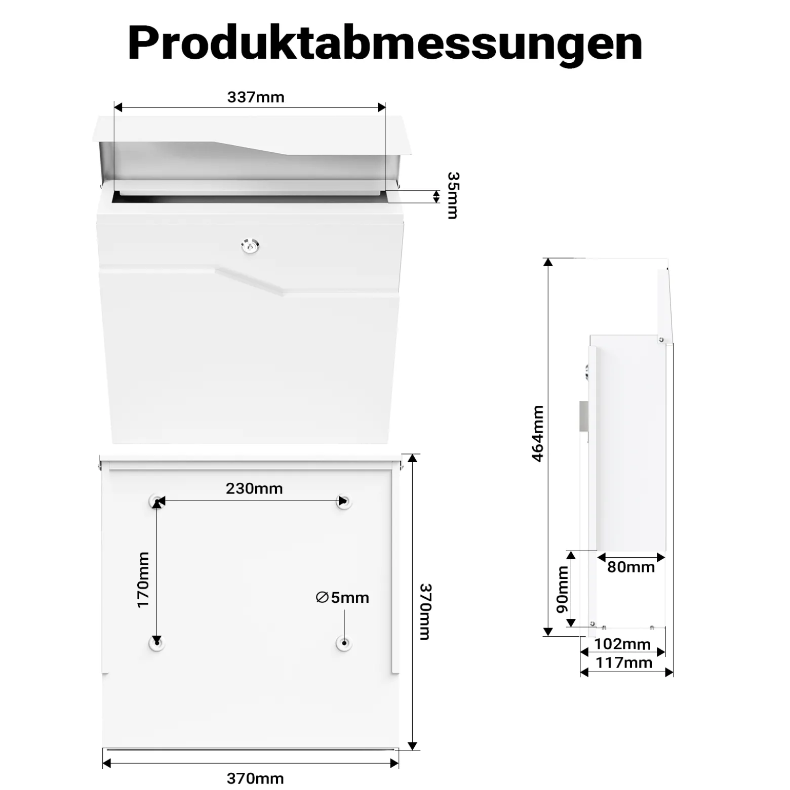 Wiltec Designer Briefkasten V19 weiß 370 x 102 x 370 mm, Wandbriefkasten mit Schloss und Zeitungsrolle, Postkasten aus pulverbeschichtetem Stahl