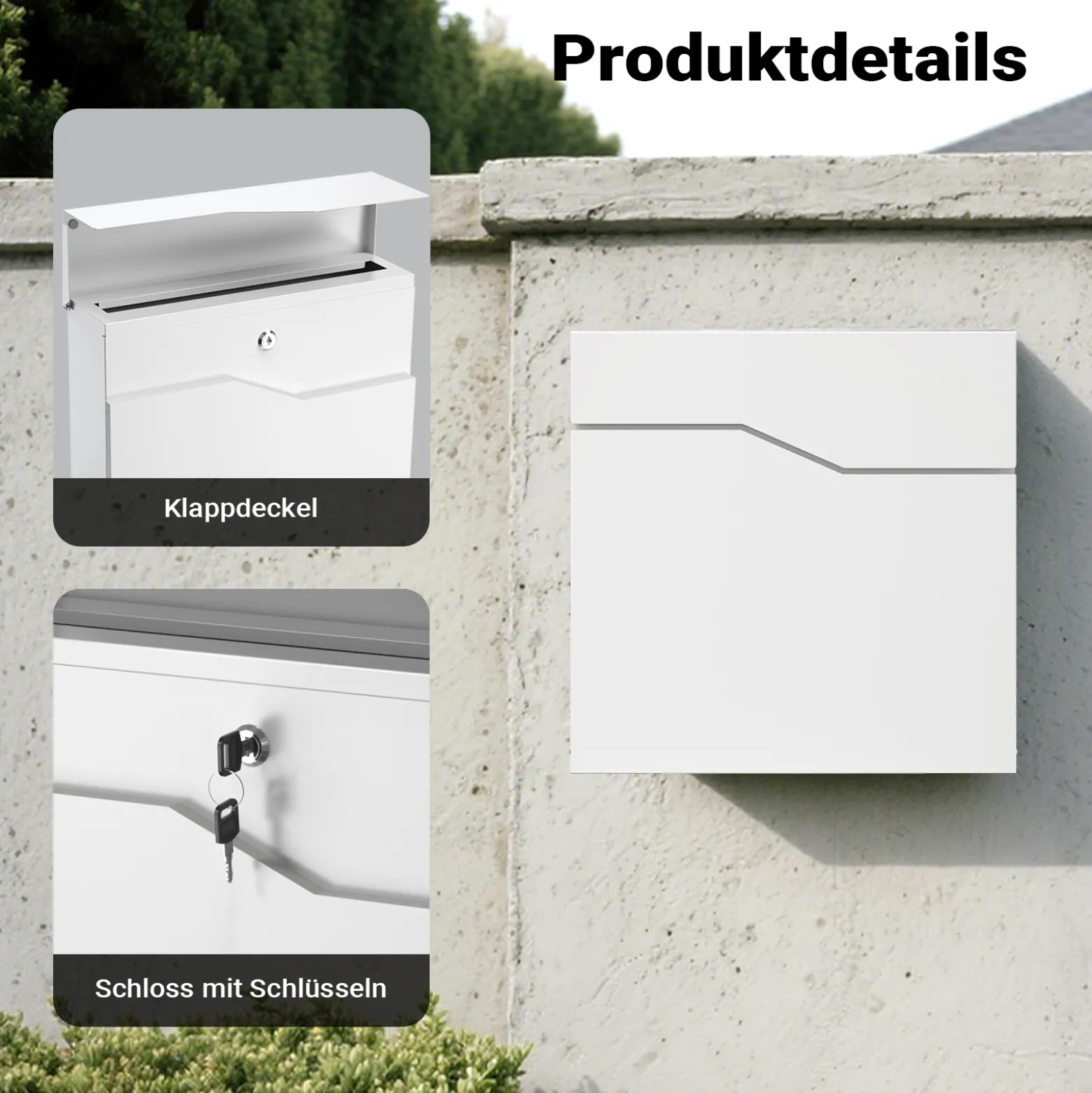 Wiltec Designer Briefkasten V19 weiß 370 x 102 x 370 mm, Wandbriefkasten mit Schloss und Zeitungsrolle, Postkasten aus pulverbeschichtetem Stahl