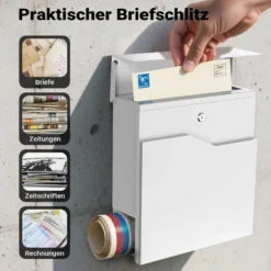 Wiltec Designer Briefkasten V19 weiß 370 x 102 x 370 mm, Wandbriefkasten mit Schloss und Zeitungsrolle, Postkasten aus pulverbeschichtetem Stahl