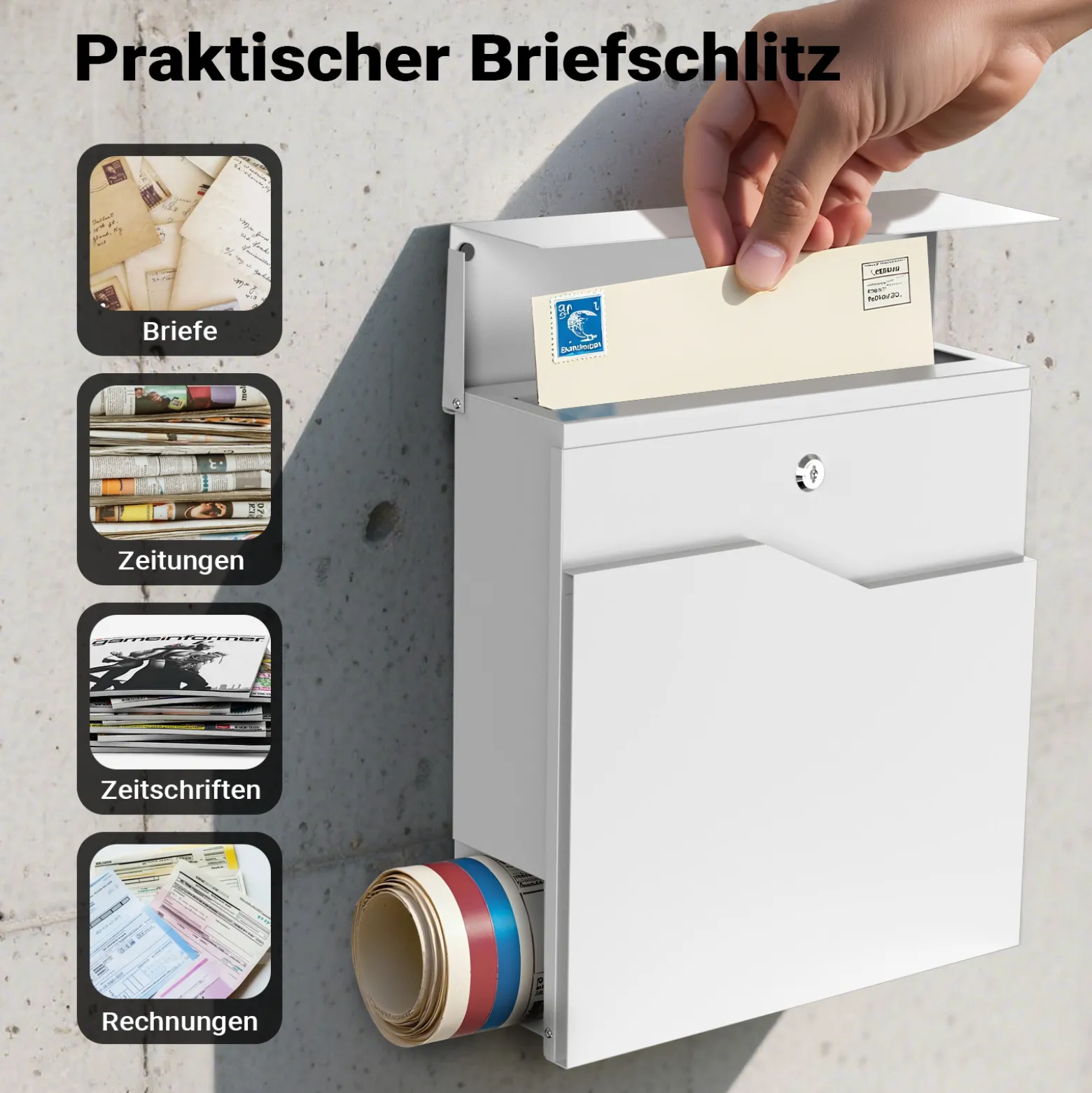 Wiltec Designer Briefkasten V19 weiß 370 x 102 x 370 mm, Wandbriefkasten mit Schloss und Zeitungsrolle, Postkasten aus pulverbeschichtetem Stahl