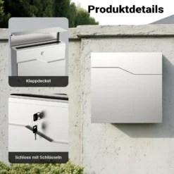 Wiltec Designer Briefkasten V19 Edelstahl 370 x 102 x 370 mm, Wandbriefkasten mit Schloss und Zeitungsrolle, Postkasten aus Stahl