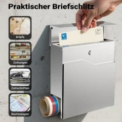 Wiltec Designer Briefkasten V19 Edelstahl 370 x 102 x 370 mm, Wandbriefkasten mit Schloss und Zeitungsrolle, Postkasten aus Stahl