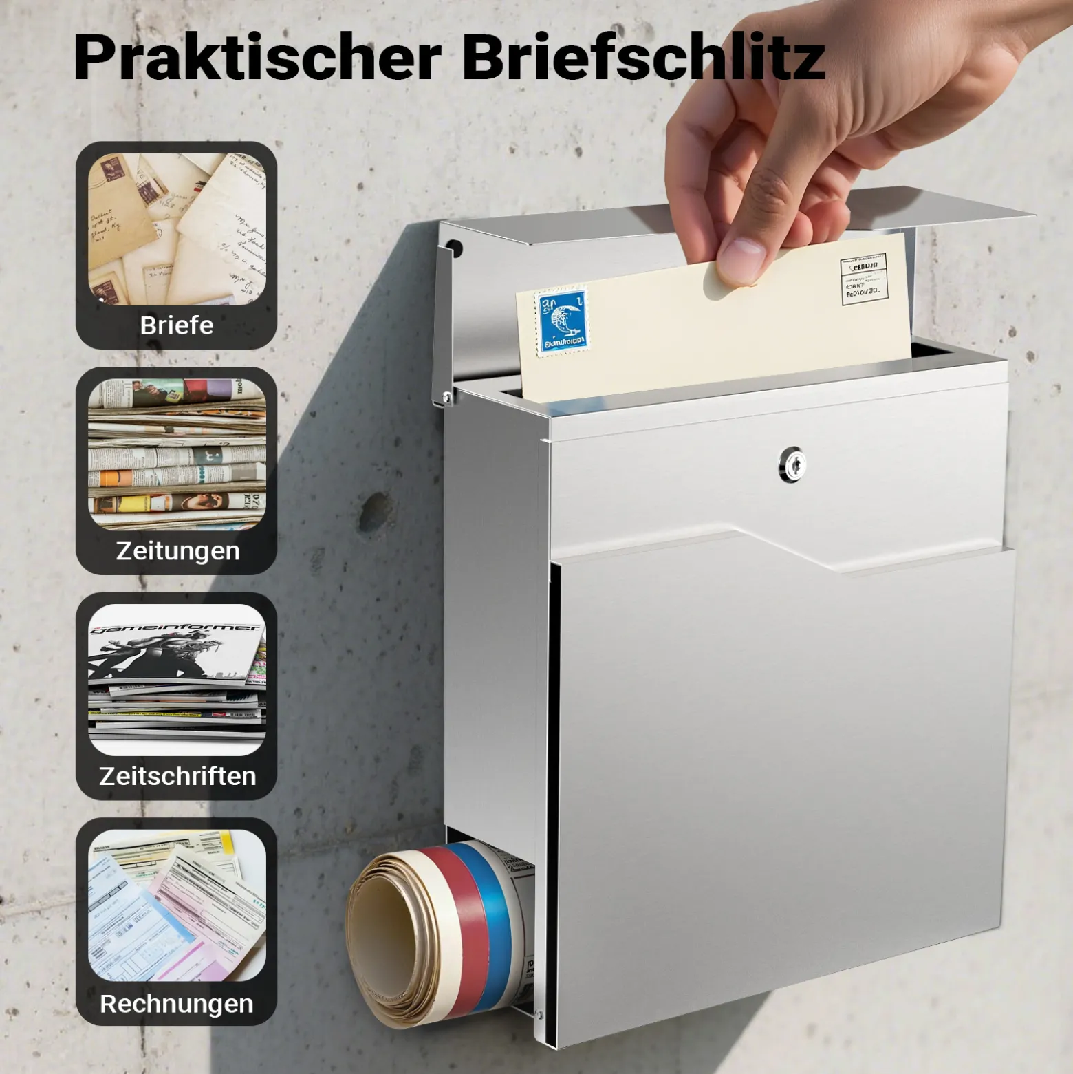 Wiltec Designer Briefkasten V19 Edelstahl 370 x 102 x 370 mm, Wandbriefkasten mit Schloss und Zeitungsrolle, Postkasten aus Stahl
