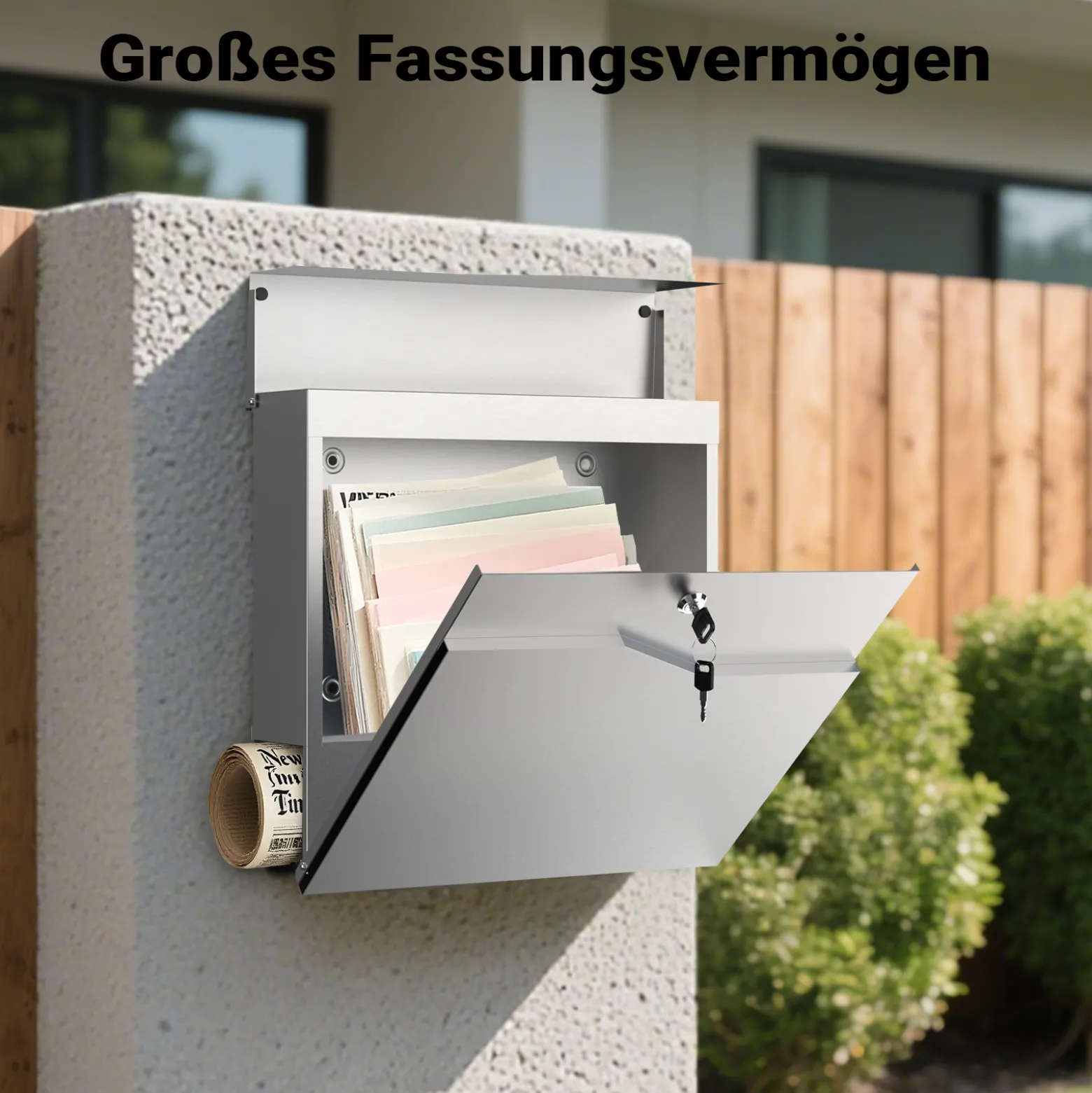 Wiltec Designer Briefkasten V19 Edelstahl 370 x 102 x 370 mm, Wandbriefkasten mit Schloss und Zeitungsrolle, Postkasten aus Stahl